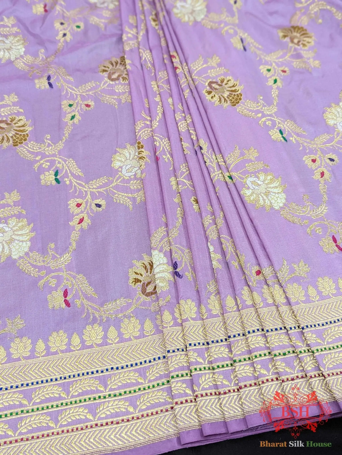 Banarasi Kadhwa Pure Katan Meenakari Seven Color Meena Floral Jaal In Shades Of Mauve - Bharat Silk House Pure Kataan Silk