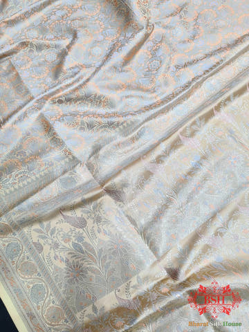 Beige Dohri Resham Zari Booti Tanchoi Silk Saree - Bharat Silk House Tanchoi katan