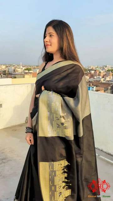 Black Banaras Ghats Weaved Silk Saree - Bharat Silk House Semi-Silk