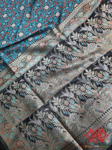 Black Shaded Dohri Resham Zari Booti Tanchoi Silk Saree - Bharat Silk House Tanchoi katan