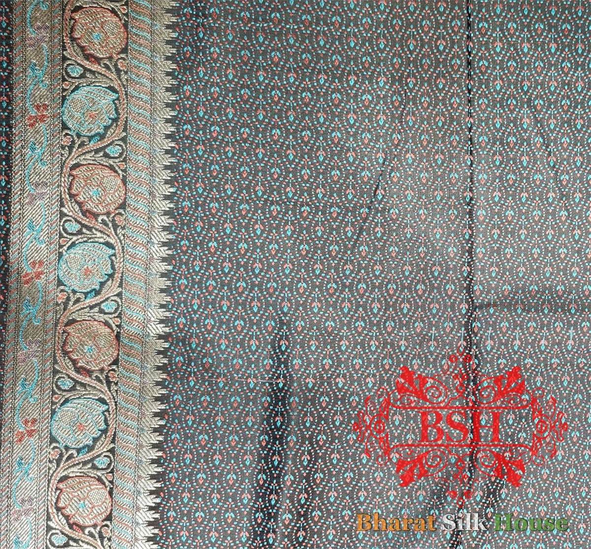 Black Shaded Dohri Resham Zari Booti Tanchoi Silk Saree - Bharat Silk House Tanchoi katan