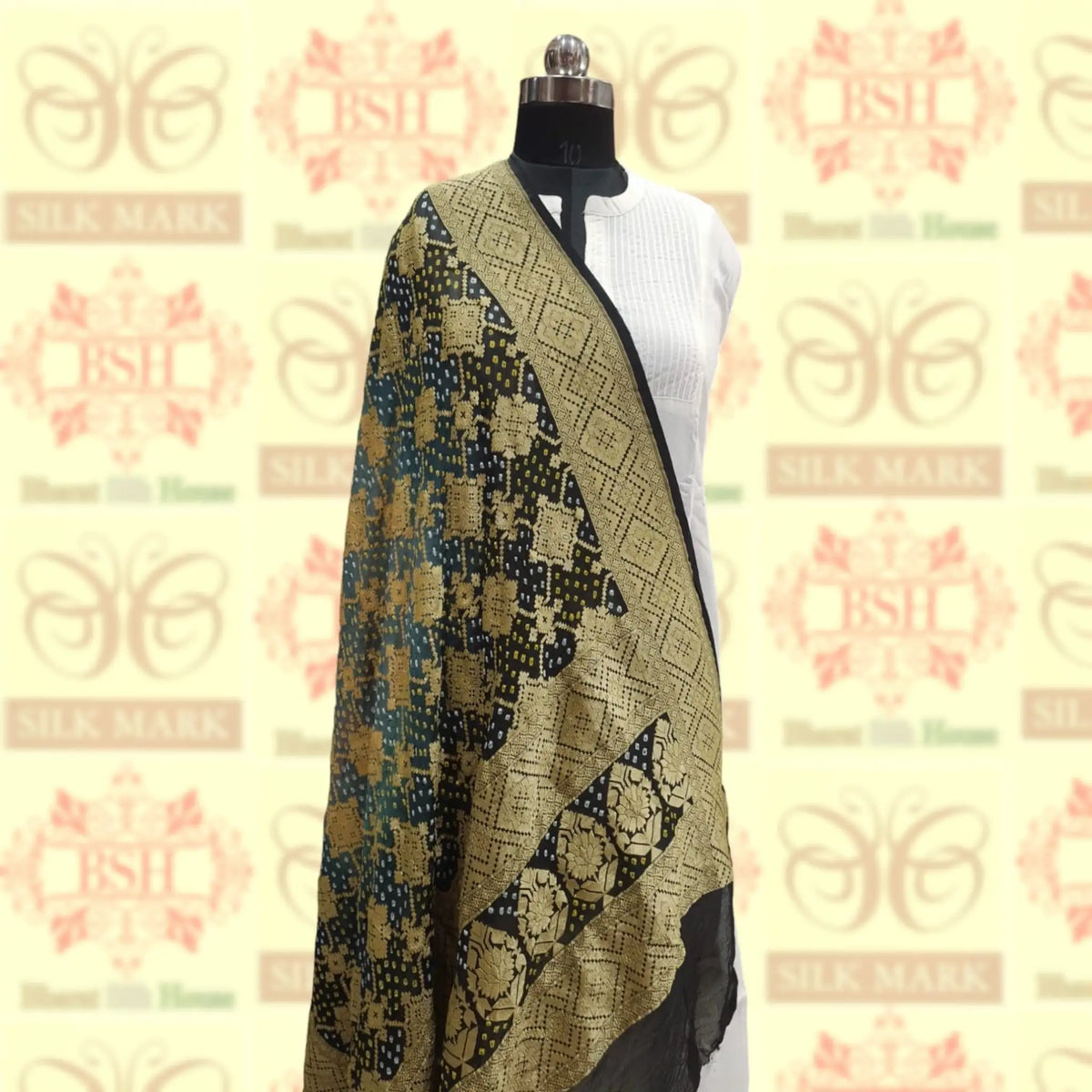 Black/Grey Georgette Banarasi Handloom Bandhani Dupatta - Bharat Silk House Bandhej