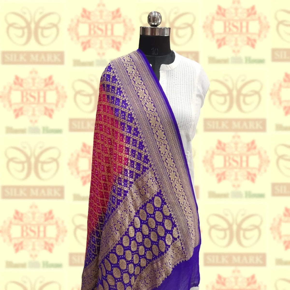 Blue/Pink Georgette Banarasi Handloom Bandhani Dupatta - Bharat Silk House Bandhej