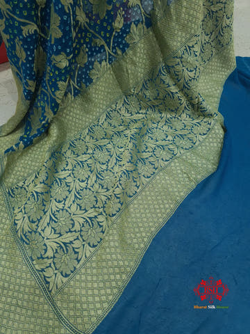 Cobalt Blue Georgette Banarasi Handloom Bandhani Dupatta - Bharat Silk House Bandhej