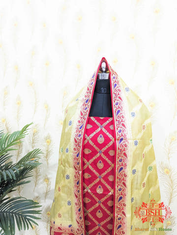 Crimson Red Banarasi Silk Unstitched Suit Set - Bharat Silk House Banarasi Cotton
