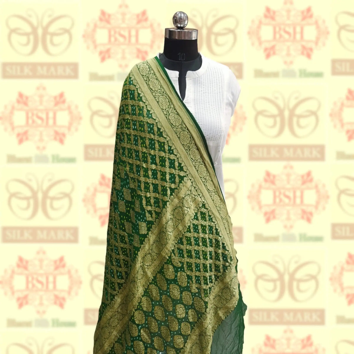 Deep Green Georgette Banarasi Handloom Bandhani Dupatta - Bharat Silk House Bandhej