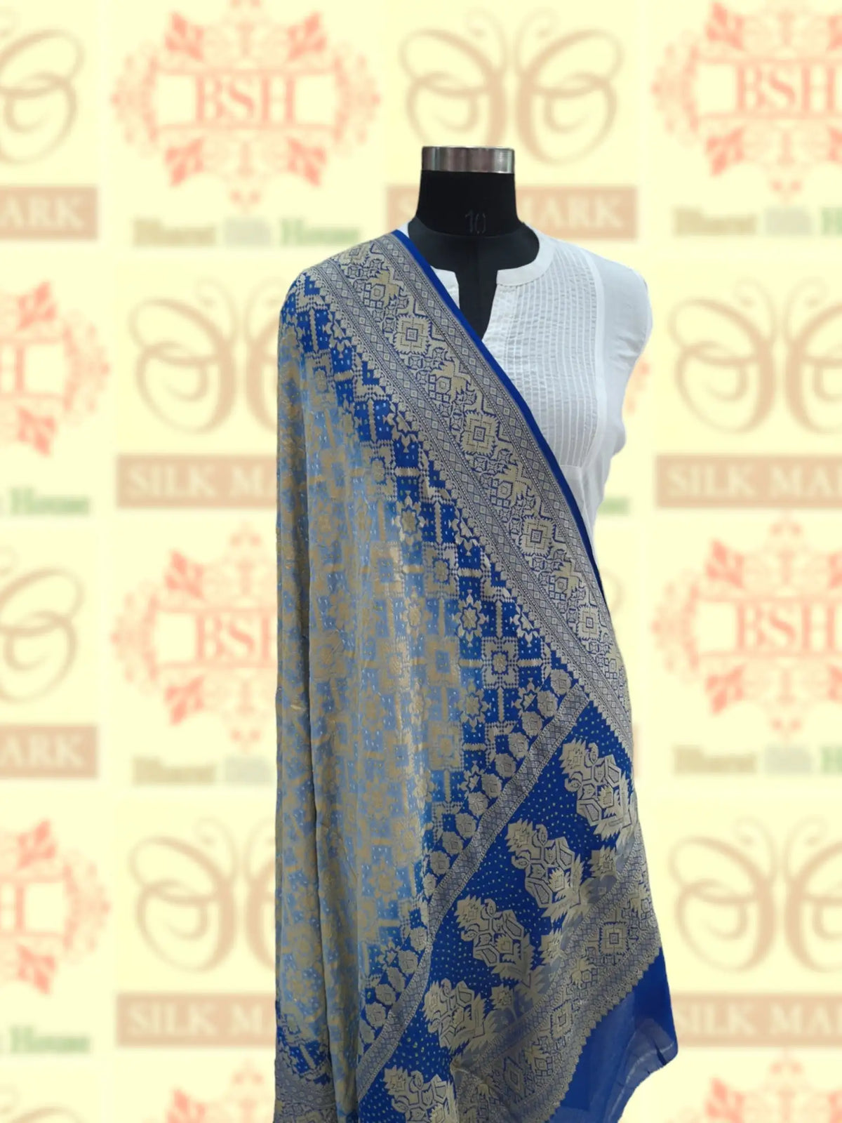 Double Shade Of Blue Georgette Banarasi Handloom Bandhani Dupatta - Bharat Silk House Bandhej