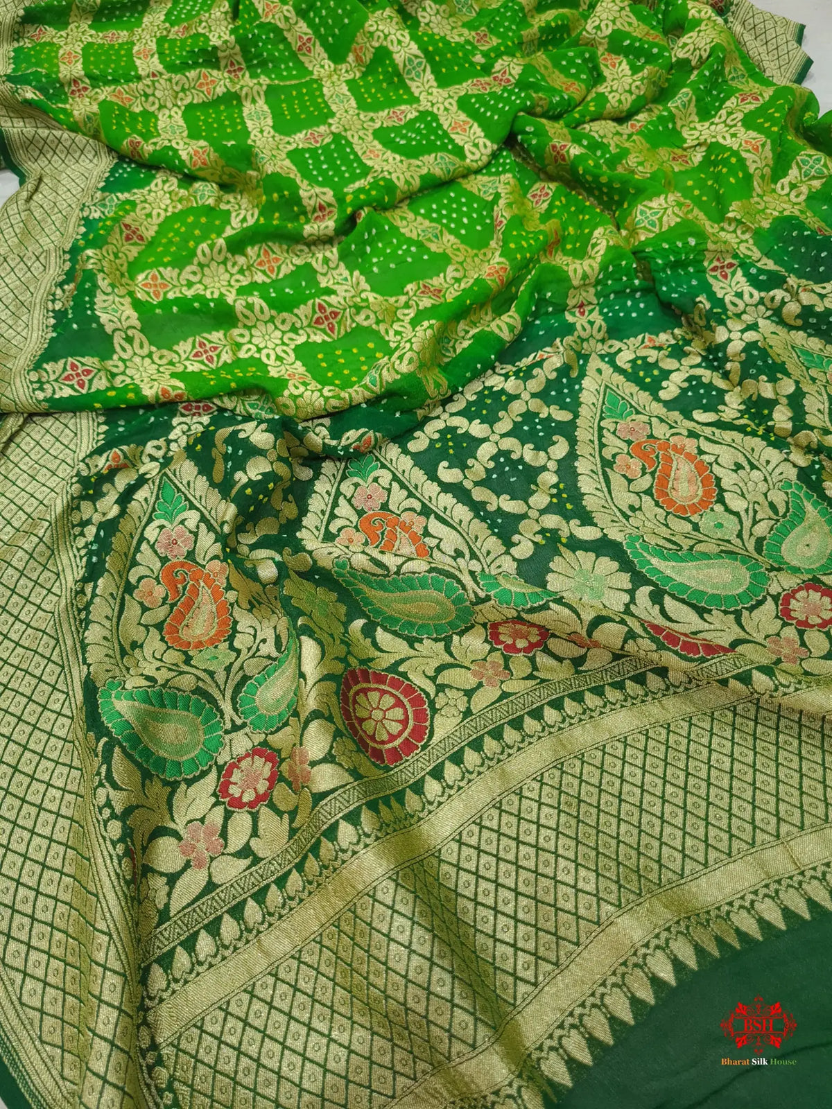Double Shade Of Green Georgette Banarasi Handloom Menakari Bandhani Dupatta - Bharat Silk House Bandhej