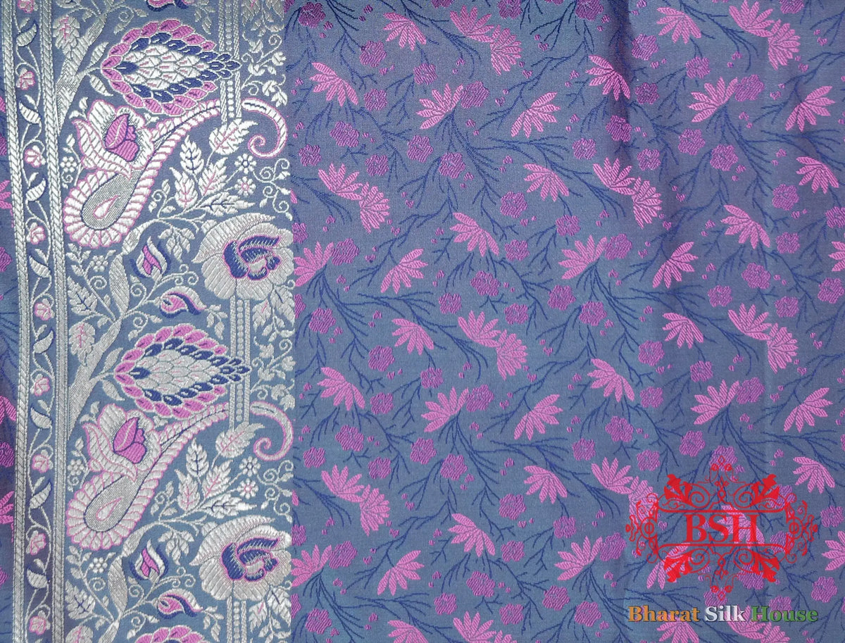 Gray Dohri Reshan Zari Booti Tanchoi Silk Saree - Bharat Silk House Tanchoi katan