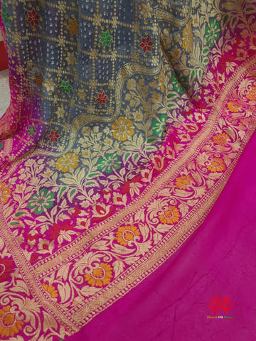 Gray/Pink Georgette Banarasi Handloom Menakari Bandhani Dupatta - Bharat Silk House Bandhej