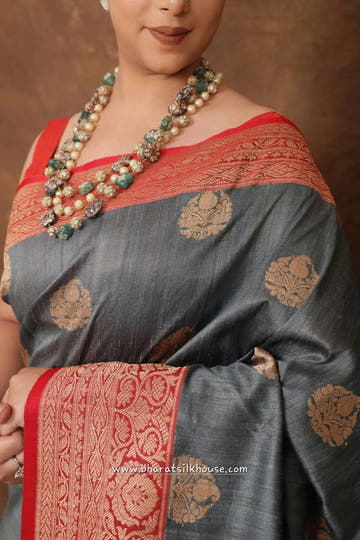 Grey Pure Tussar Moonga Silk Handloom Sare With Zari Border - Bharat Silk House Tussar