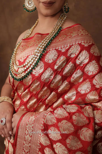 Handloom Banarasi Pure Katan Silk Floral Booti In Shades Of Red - Bharat Silk House Opara Silk