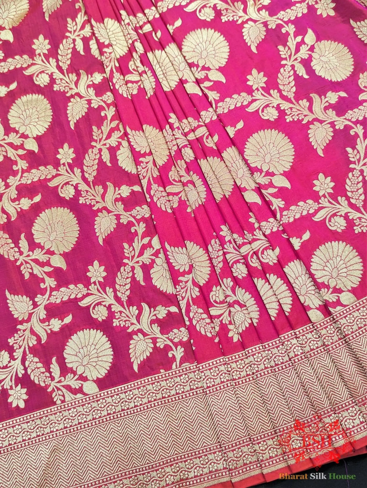 Handloom Banarasi Pure Katan Silk Floral Jaal Saree In Shades Of Pink/Orange Color - Bharat Silk House Pure Kataan Silk