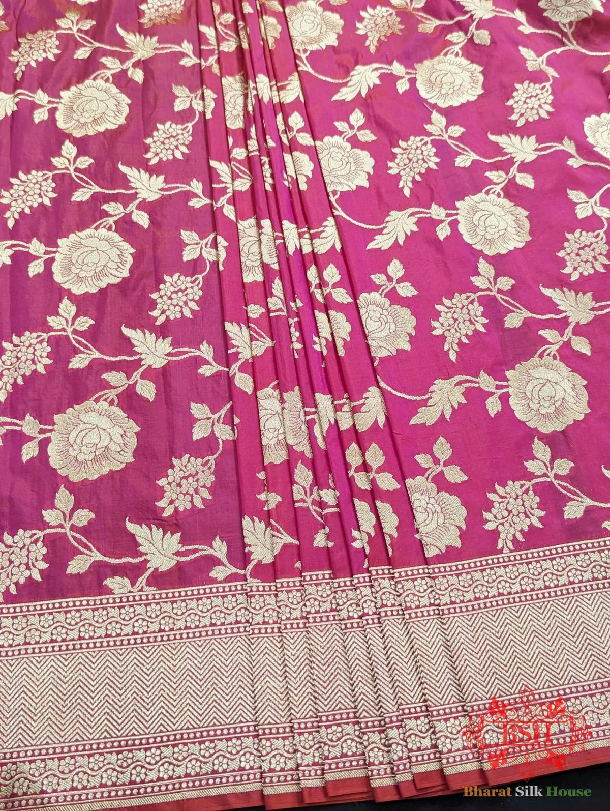 Handloom Banarasi Pure Katan Silk Floral Jaal Saree In Shades Of Rani/Orange Cross Color - Bharat Silk House Pure Kataan Silk