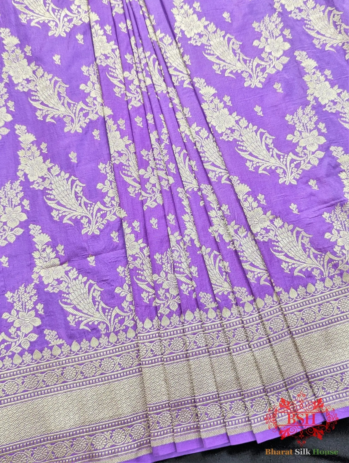 Handloom Banarasi Pure Katan Silk Opara Floral Jaal In Shades Of Gazari - Bharat Silk House Pure Kataan Silk