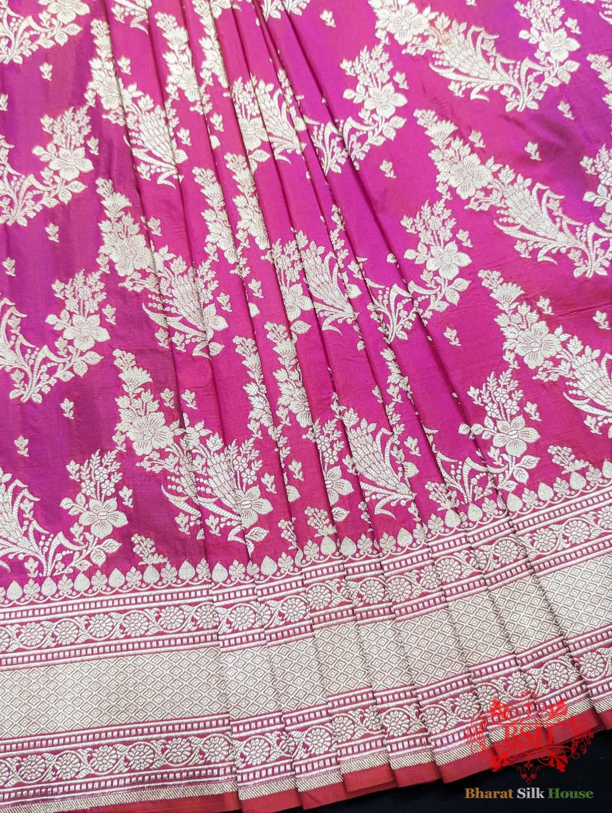 Handloom Banarasi Pure Katan Silk Opara Floral Jaal In Shades Of Rani - Bharat Silk House Pure Kataan Silk