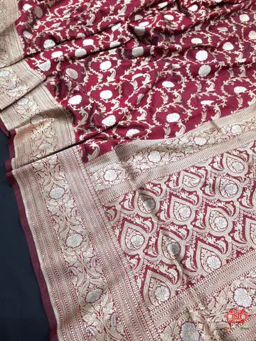Handloom Banarasi Pure Katan Silk Opara Sona Rupa Dual Zari Saree Floral Jaal In Shades Of Maroon - Bharat Silk House Pure Kataan Silk