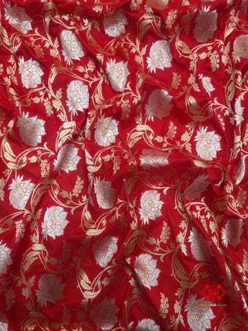 Handloom Banarasi Pure Katan Silk Opara Sona Rupa Dual Zari Saree Floral Jaal In Shades Of Red - Bharat Silk House Pure Kataan Silk