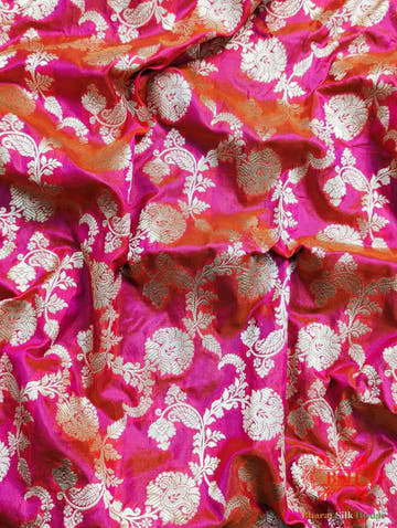 Handloom Banarasi Pure Katan Silk Saree Floral In Shades Of Pink/Orange Cross Color - Bharat Silk House Pure Kataan Silk