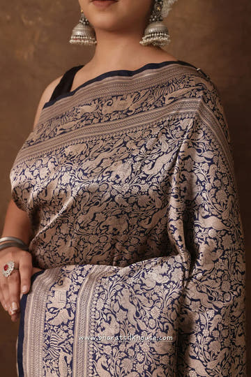 Handloom Banarasi Shikargah Katan Silk Saree In Shades Of Blue - Bharat Silk House katan silk