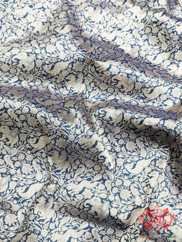 Handloom Banarasi Shikargah Katan Silk Saree In Shades Of Navy Blue - Bharat Silk House Pure Kataan Silk