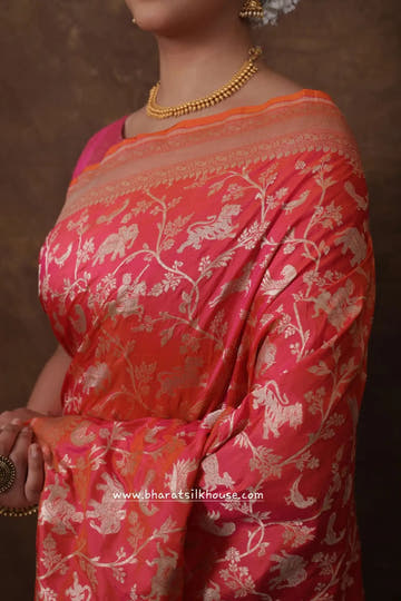 Handloom Banarasi Shikargah Katan Silk Saree In Shades Of Pink - Bharat Silk House Pure Kataan Silk