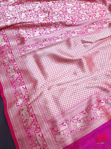 Handloom Banarasi Shikargah Katan Silk Saree In Shades Of Rani - Bharat Silk House Pure Kataan Silk