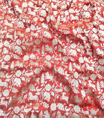 Handloom Banarasi Shikargah Katan Silk Saree In Shades Of Red - Bharat Silk House Pure Kataan Silk
