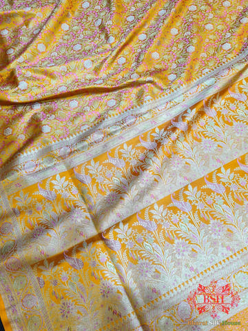 Honey Shades Of Yellow Dohri Resham Zari Booti Tanchoi Silk Saree - Bharat Silk House Tanchoi katan