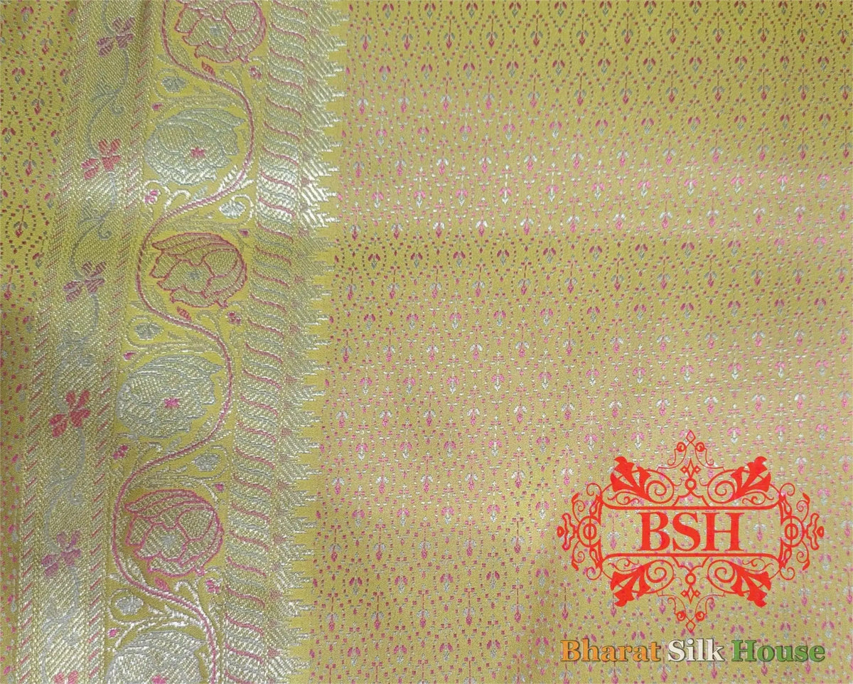 Lemon Shades Of Yellow Dohri Resham Zari Booti Tanchoi Silk Saree - Bharat Silk House Tanchoi katan