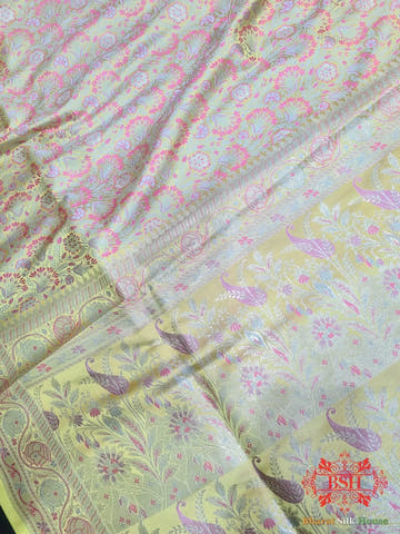 Lemon Shades Of Yellow Dohri Resham Zari Booti Tanchoi Silk Saree - Bharat Silk House Tanchoi katan