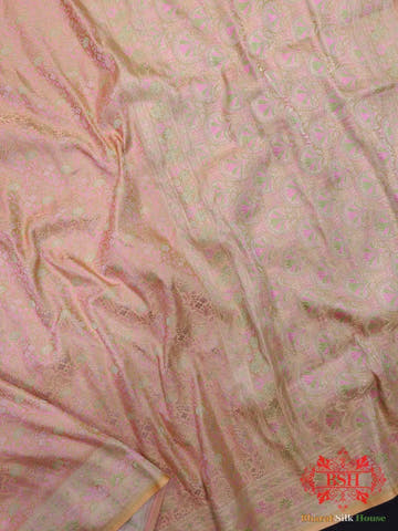 Light Shade Of Peach Dohri Resham Zari Booti Tanchoi Silk Saree - Bharat Silk House Tanchoi katan