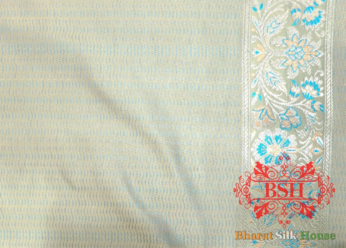Lime Shades Of Green Dohri Resham Zari Booti Tanchoi Silk Saree - Bharat Silk House Tanchoi katan