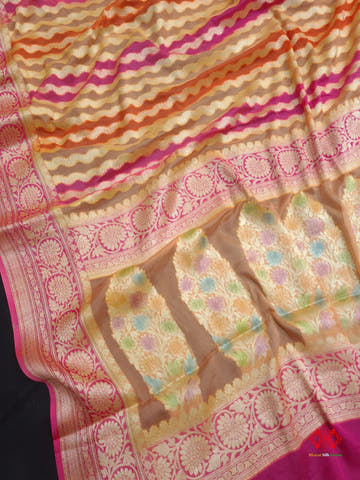 Multi Colour Pure Chiffon Handbrush Dyed Reshmi Zari Silk Saree - Bharat Silk House Chiffon Sarees