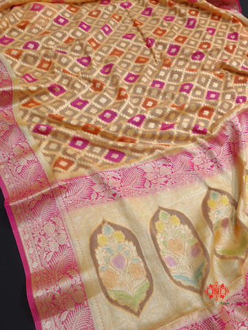 Multi Colour Pure Chiffon Handbrush Dyed Reshmi Zari Silk Saree - Bharat Silk House Chiffon Sarees