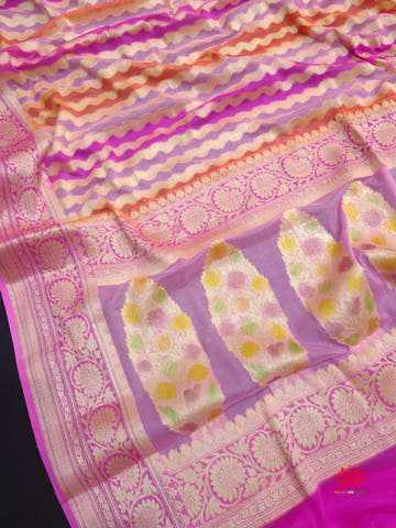Multi Colour Pure Chiffon Handbrush Dyed Reshmi Zari Silk Saree - Bharat Silk House Chiffon Sarees