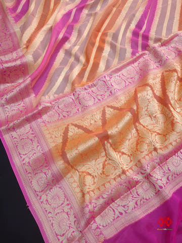 Multi Colour Pure Chiffon Handbrush Dyed Reshmi Zari Silk Saree - Bharat Silk House Chiffon Sarees