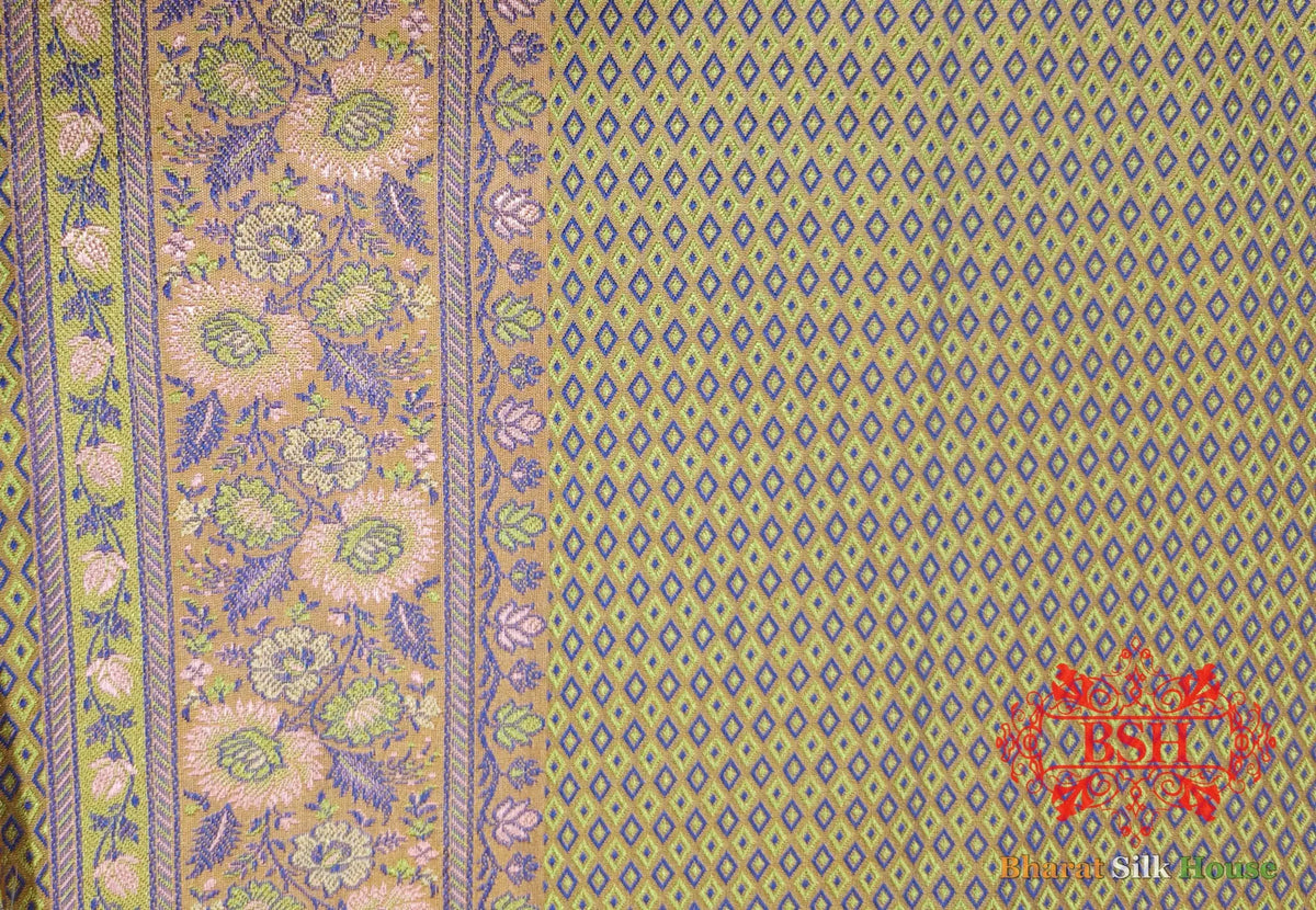 Mustard Yellow Chauthera (Four Color) Resham Zari Tanchoi Katan Silk Saree - Bharat Silk House Tanchoi katan