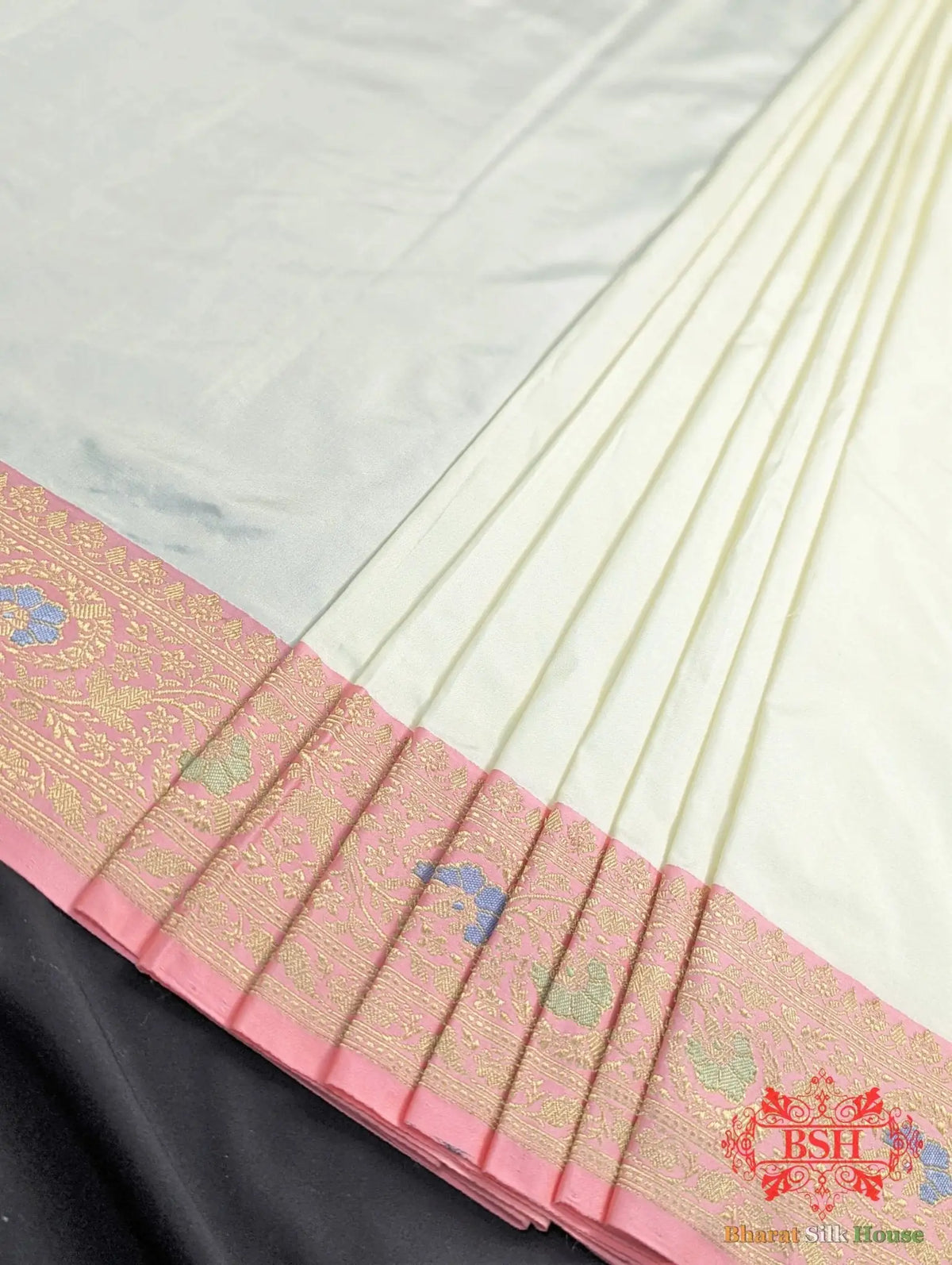 Off White Pure Katan Silk Banarasi Handloom Saree - Bharat Silk House Pure Kataan Silk