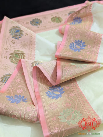 Off White Pure Katan Silk Banarasi Handloom Saree - Bharat Silk House Pure Kataan Silk