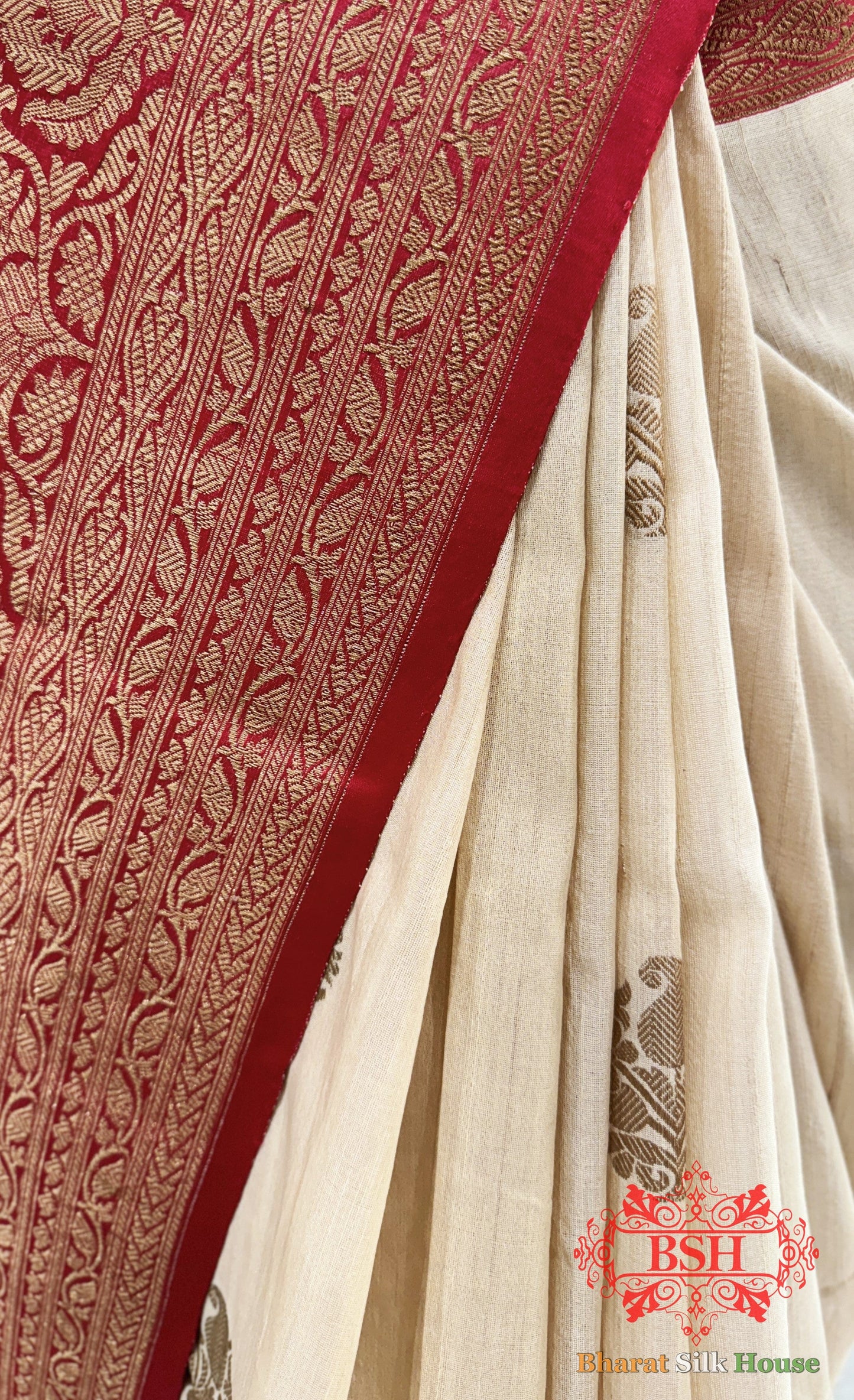 Off White Pure Tussar Moonga Silk Handloom Saree With Zari Border - Bharat Silk House