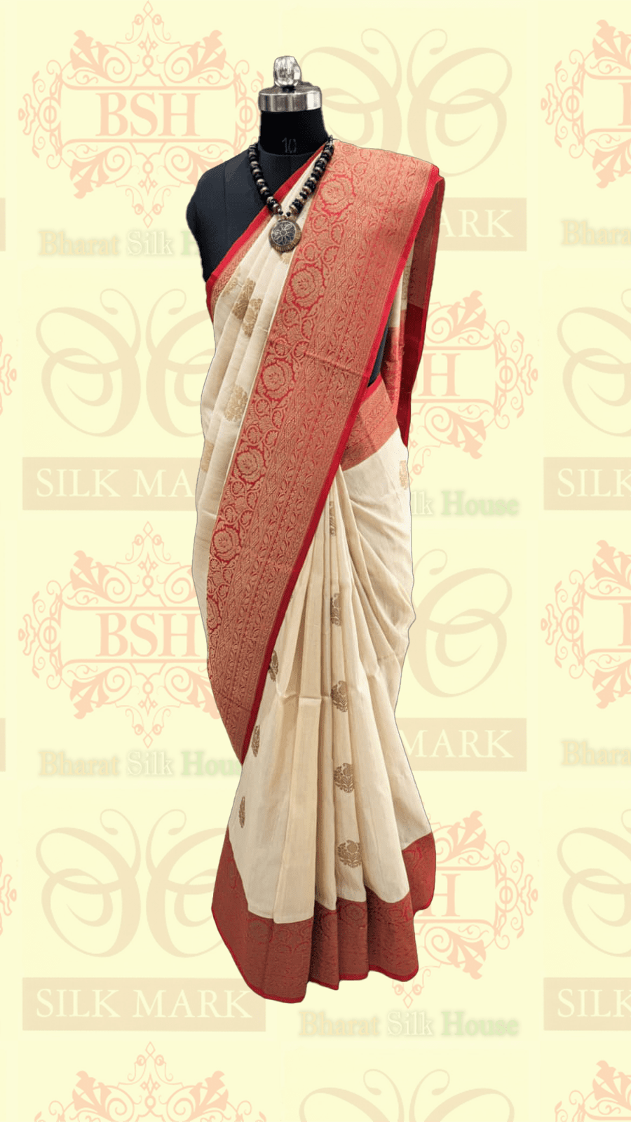 Off White Pure Tussar Moonga Silk Handloom Saree With Zari Border - Bharat Silk House