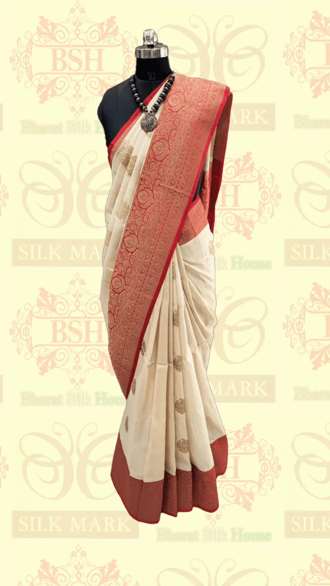 Off White Pure Tussar Moonga Silk Handloom Saree With Zari Border - Bharat Silk House Tussar