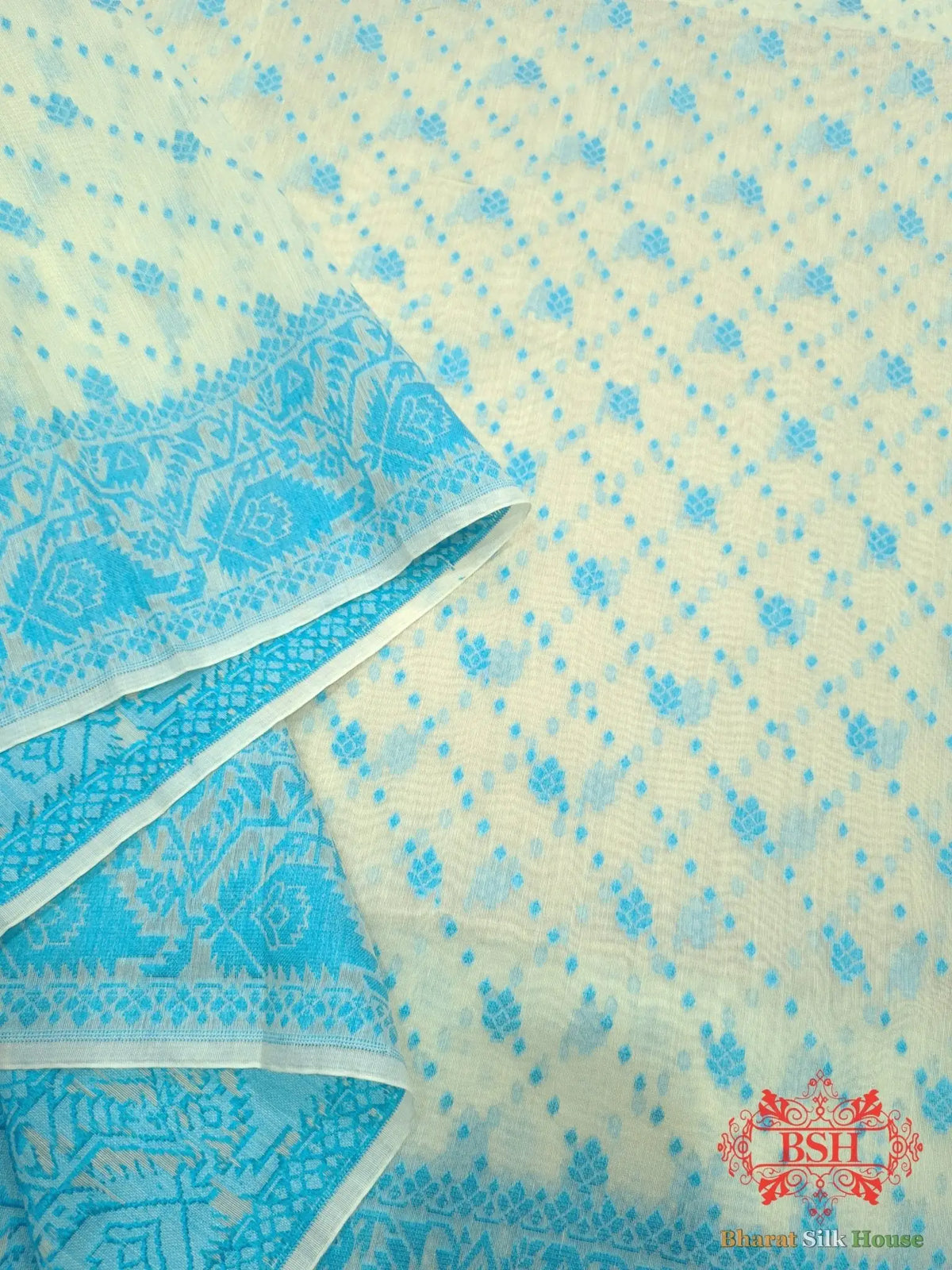Off White/Firozi Woven Banarasi Cotton Saree - Bharat Silk House Banarasi Cotton
