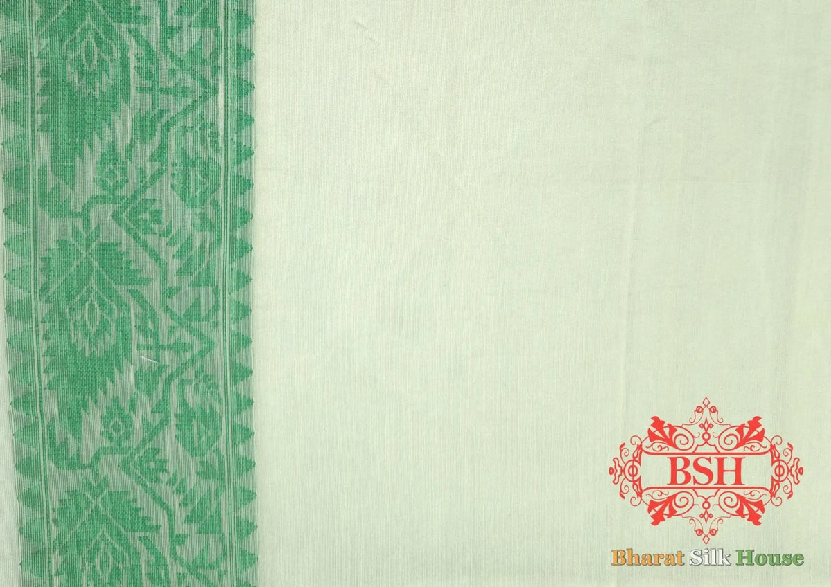 Off White/Green Woven Banarasi Cotton Saree - Bharat Silk House Banarasi Cotton