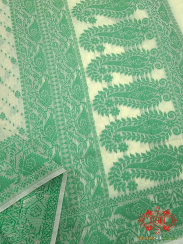 Off White/Green Woven Banarasi Cotton Saree - Bharat Silk House Banarasi Cotton