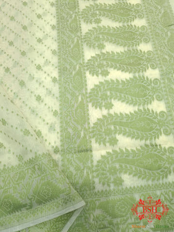 Off White/Mehandi Green Woven Banarasi Cotton Saree - Bharat Silk House Banarasi Cotton