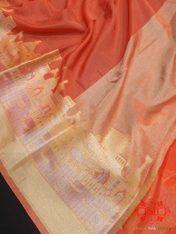 Orange Banarasi Ghats Weaved Silk Saree - Bharat Silk House Semi-Silk