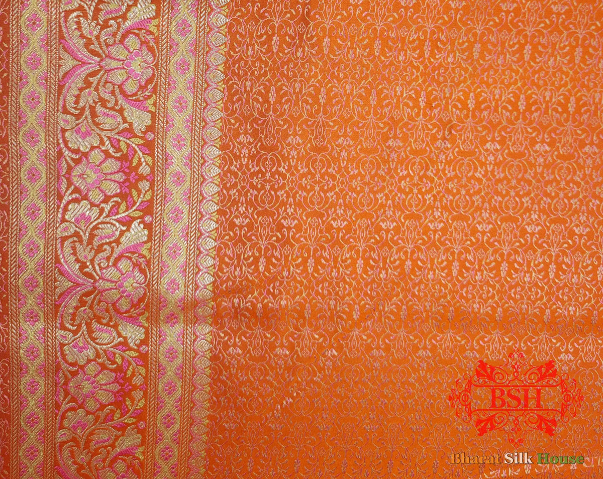 Orange Dohri Resham Zari Booti Tanchoi Silk Saree - Bharat Silk House Tanchoi katan