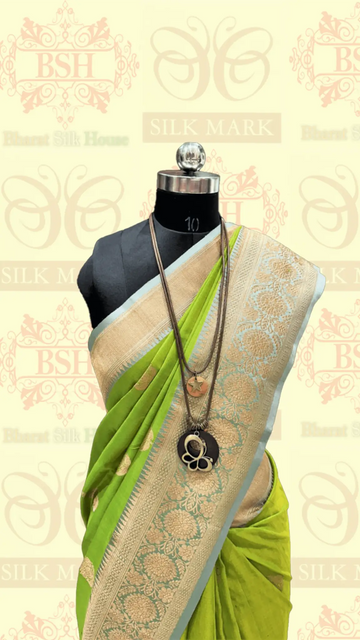 Parrot Green Pure Tussar Moonga Silk Handloom Saree With Zari Border - Bharat Silk House Tussar